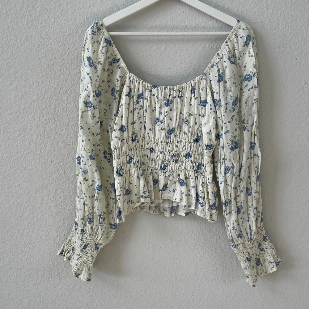 Revolve Faithfull the Brand Long Sleeve Smocked Gillian Top Blue Astoria Floral